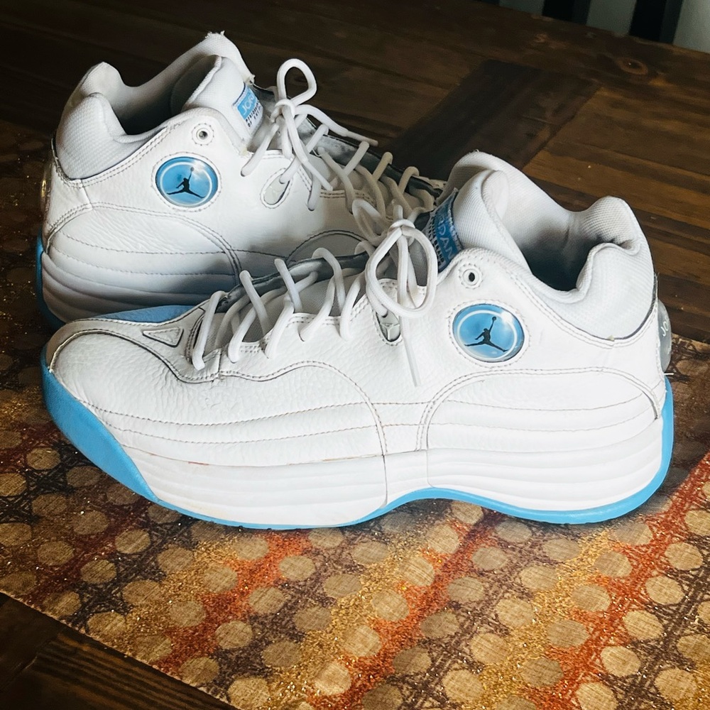 White and blue Jordan’s